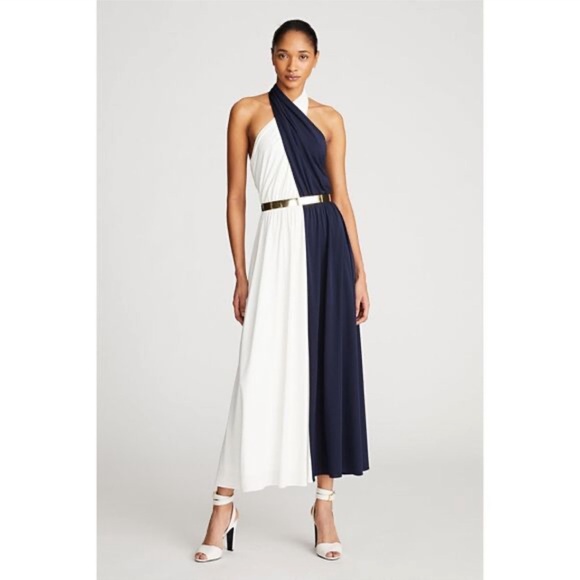 Halston Elegant Navy and White Women's Dress with Gold Belt | 6 - Picture 1 of 9
